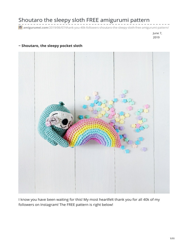 Shoutaro the Sleepy Sloth Pattern | PDF | Crochet | Crafts