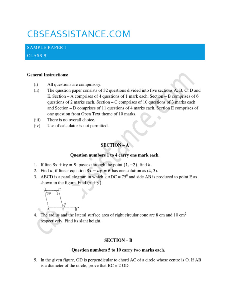 Sample Paper 1 Class 9 SA 2 Maths | PDF | Area | Circle