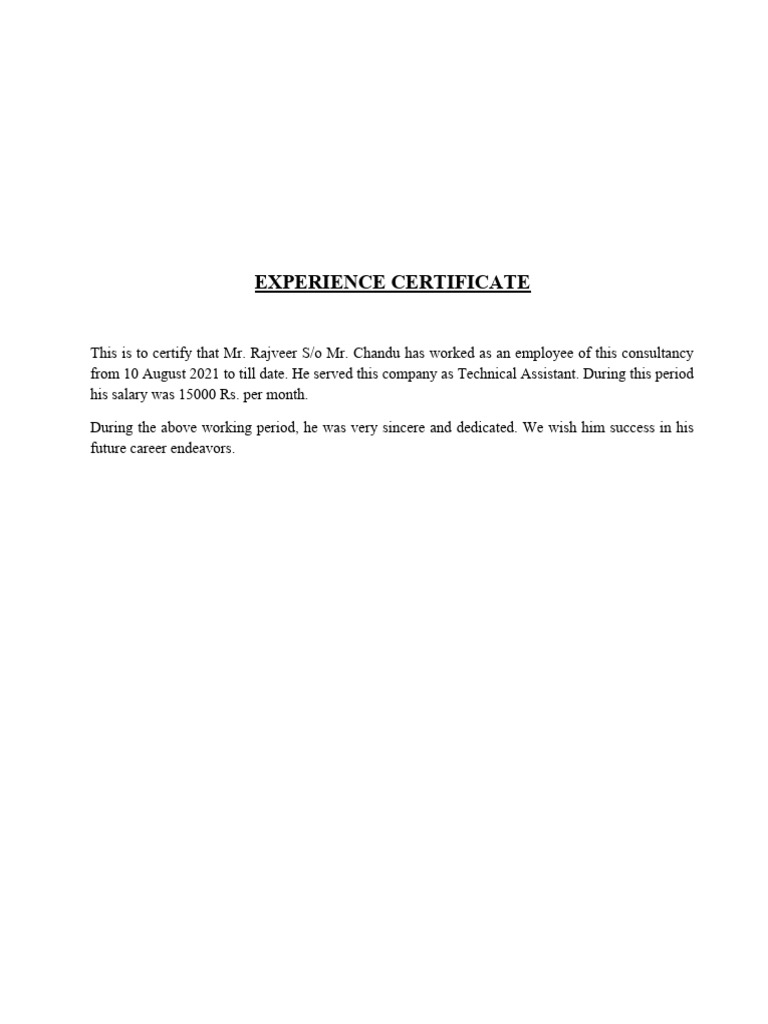 Experience Certificate for Technical Assistant | PDF | Business