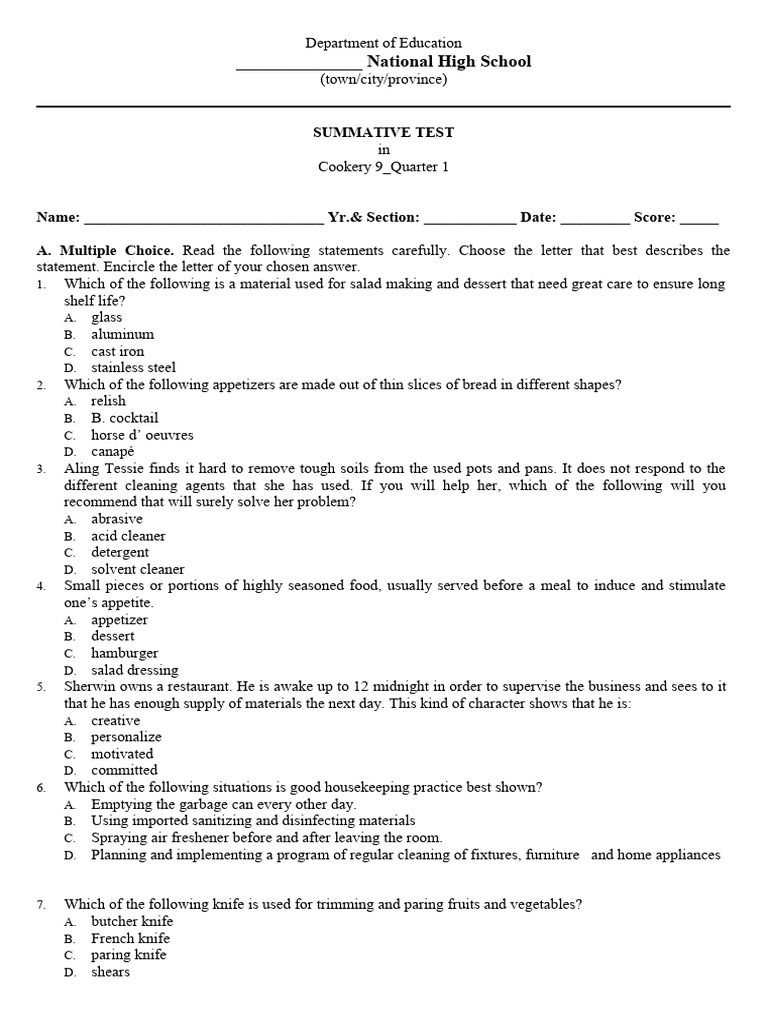 Summative Test Cookery 9 Quarter 1 Pdf Tableware Hors D Oeuvre