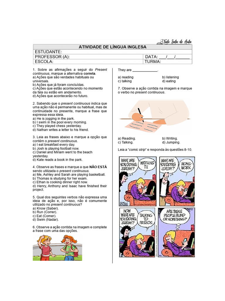 Atividades sobre Present Continuous 1º Ano | PDF | Artes Linguísticas e ...