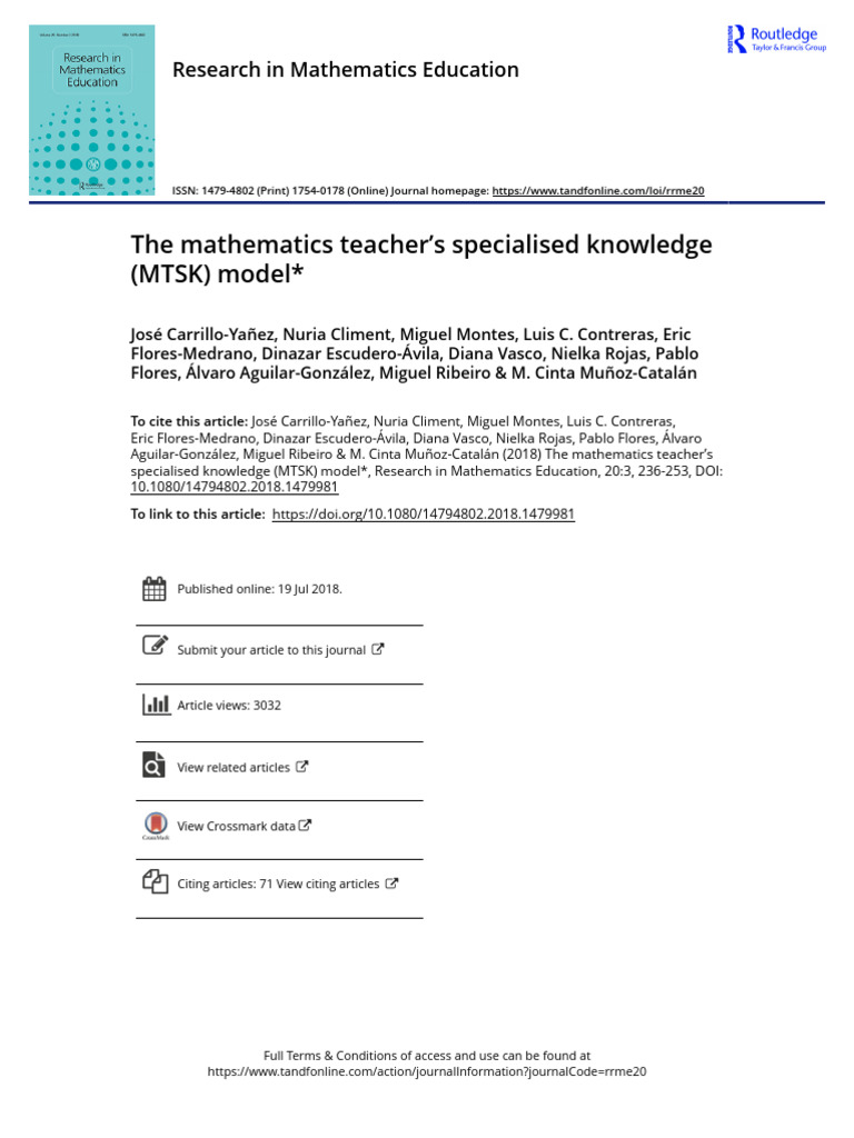 The Mathematics Teacher S Specialised Knowledge MTSK Model | PDF ...