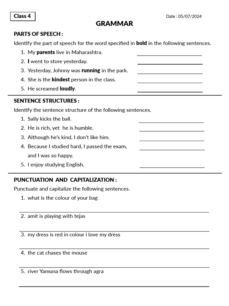 Class 4 Grammar Sheet 1 Pdf