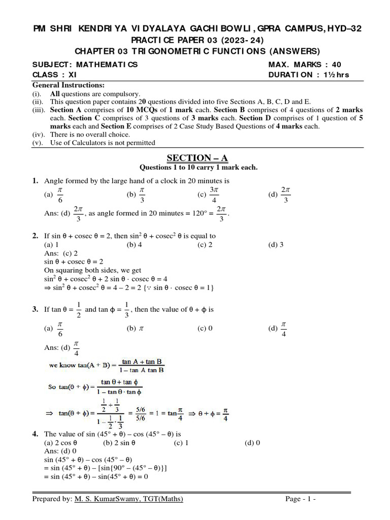 Chapter 3 Trigonometric Functions PQ ANSWERS | PDF | Trigonometry | Angle