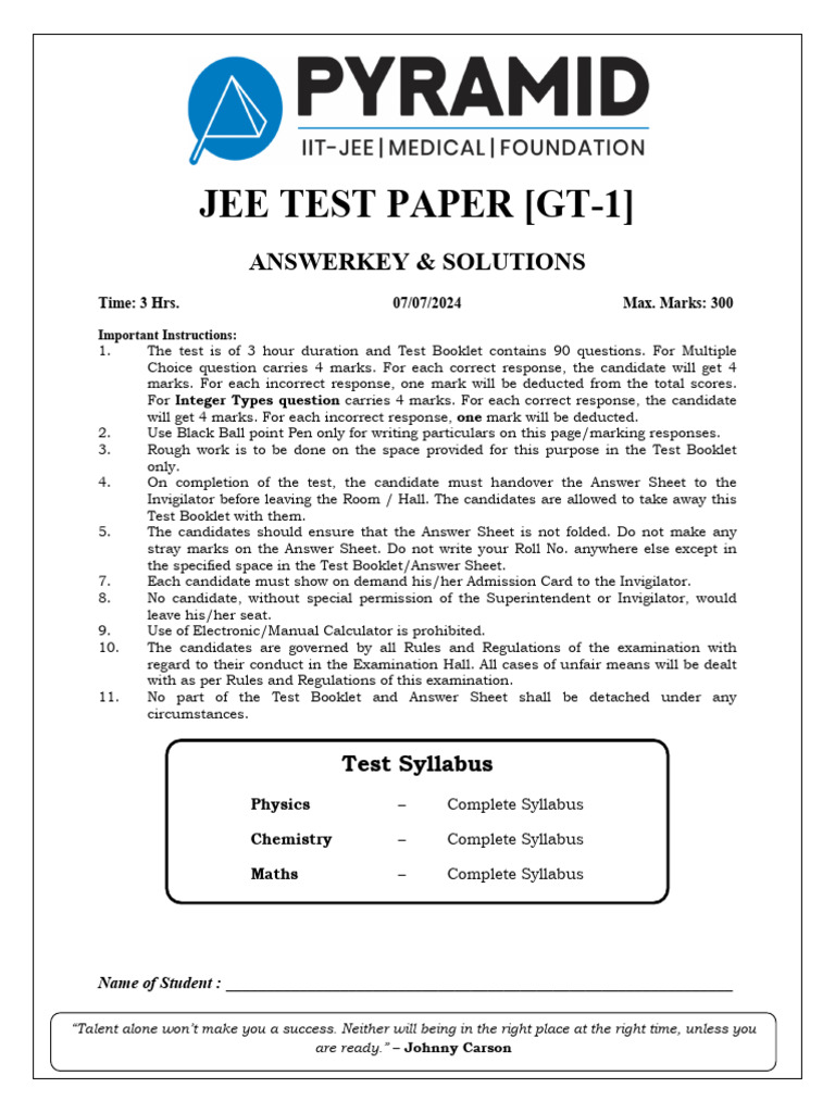 Jee Test Paper GT-01 Answers & Solutions 07-07-24 | PDF