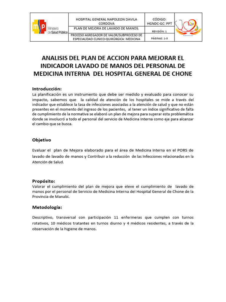 Analisis Del Plan de Mejora Lavado de Manos Del Área de Medicina ...