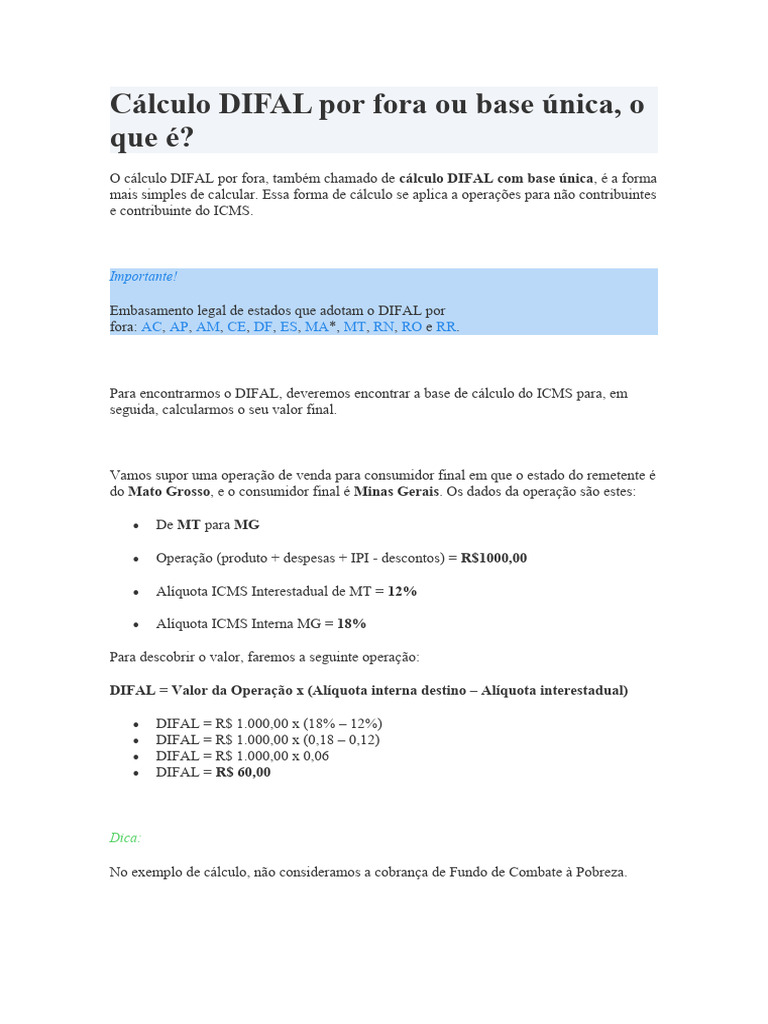 Cálculo DIFAL: Base Única e Dupla | PDF | Cálculo