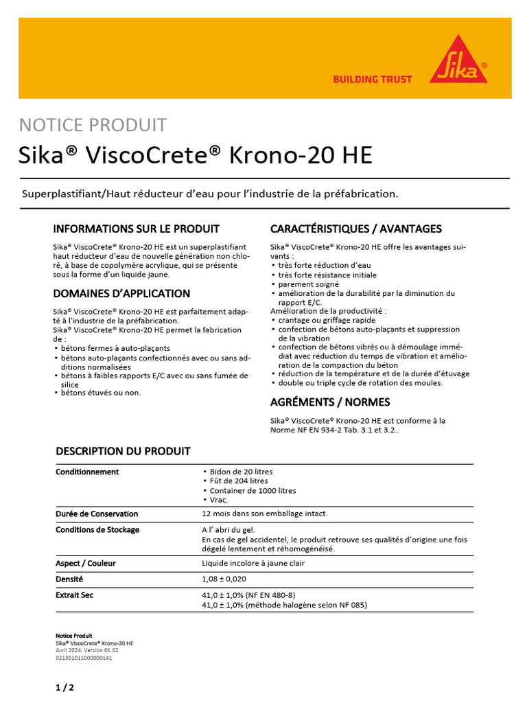 Fiche Technique Adjuvant | PDF | Béton | Chimie