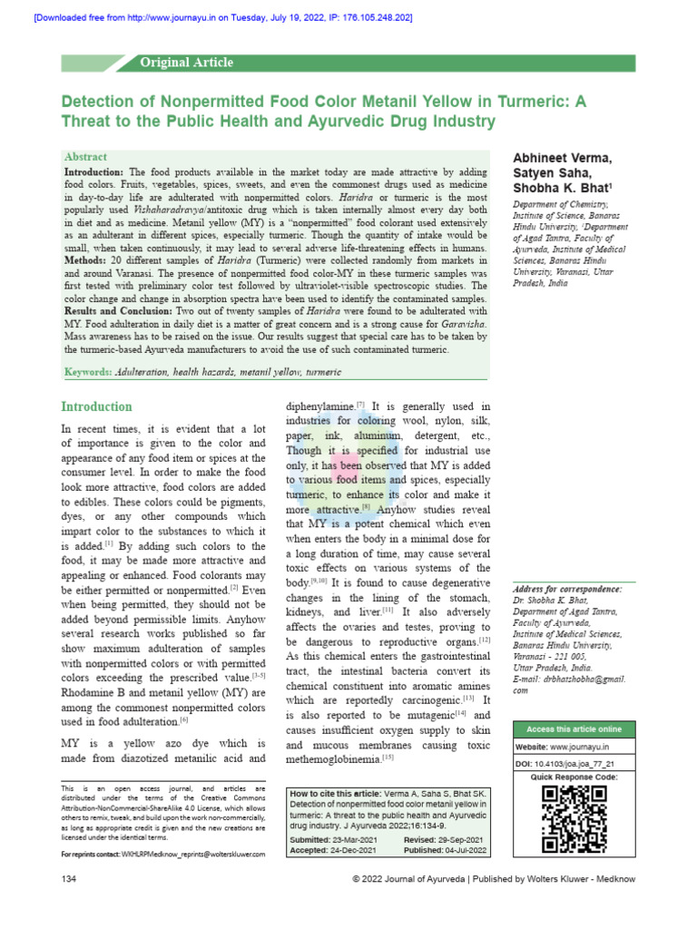 Detection of Nonpermitted Food Color Metanil Yello | PDF | Turmeric ...