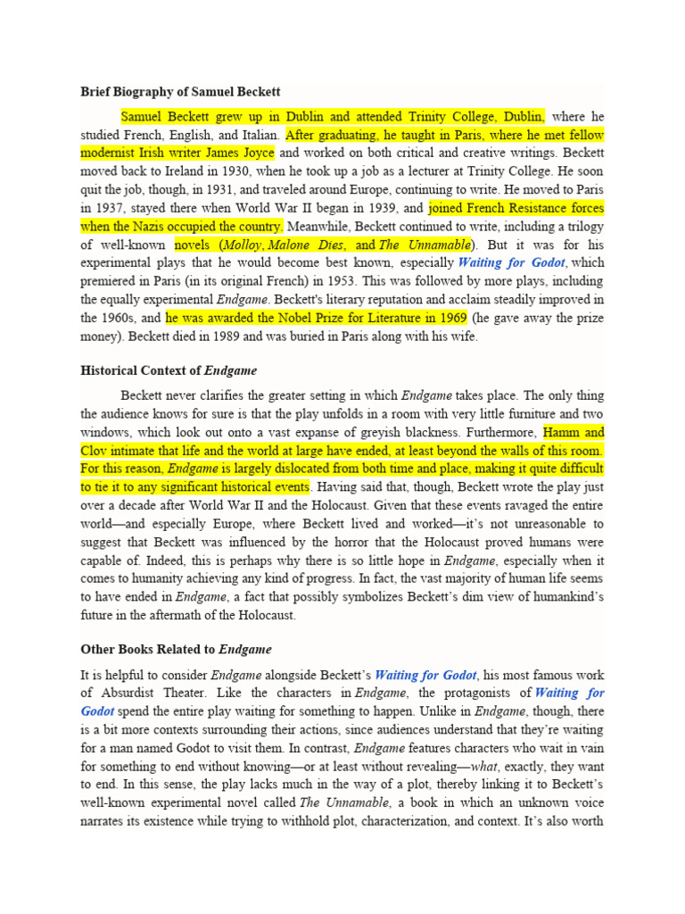 Endgame Pdf Samuel Beckett Existentialism