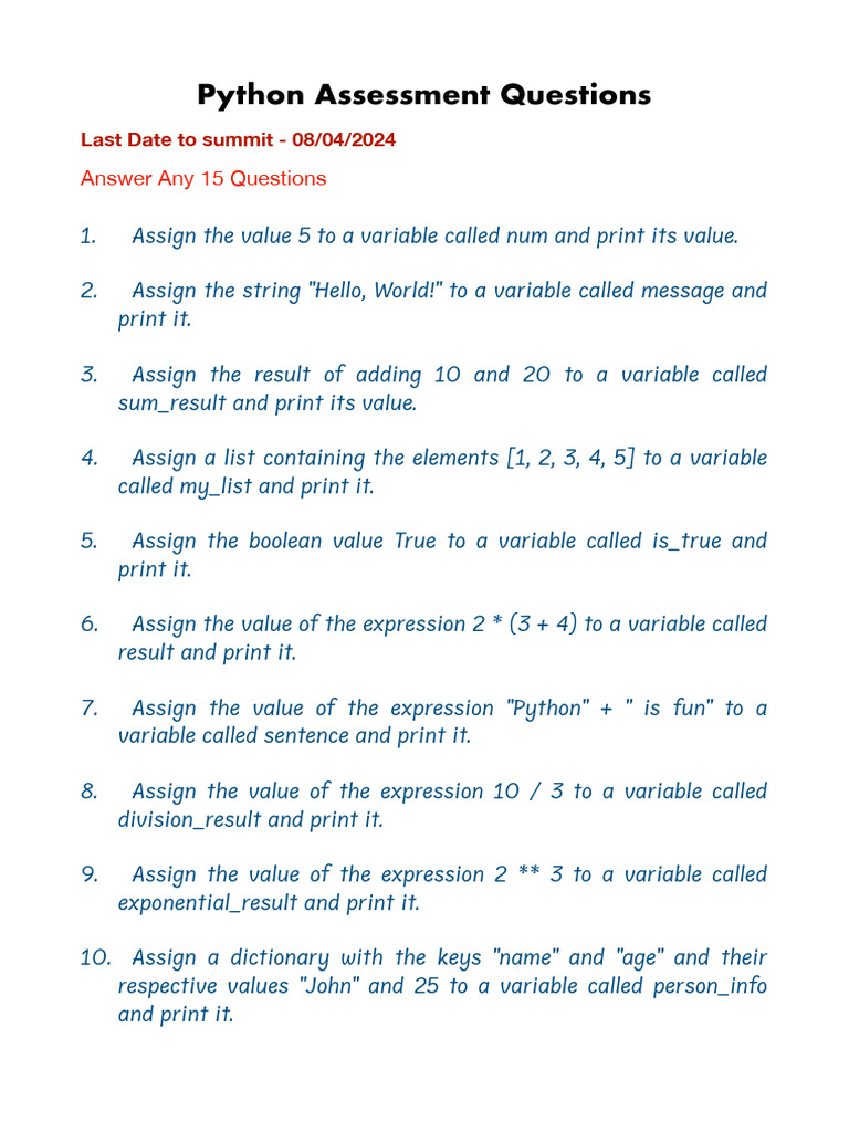 Assesment Questions Python | PDF | Python (Programming Language ...
