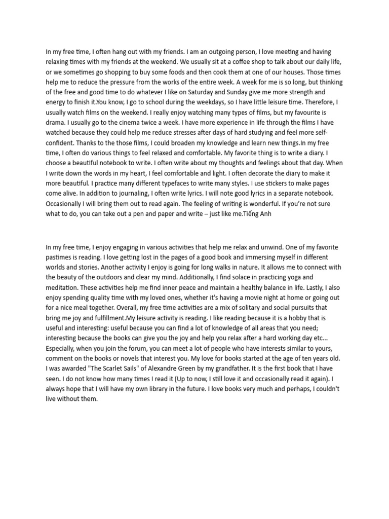 Write about your free time activities pdf leisure hobbies