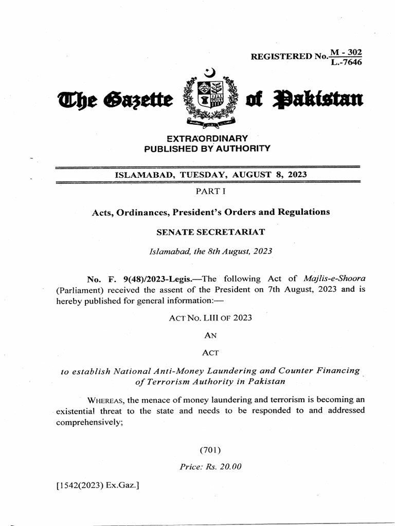The National AML and CFT Authority Act, 2023 | PDF | Terrorism ...
