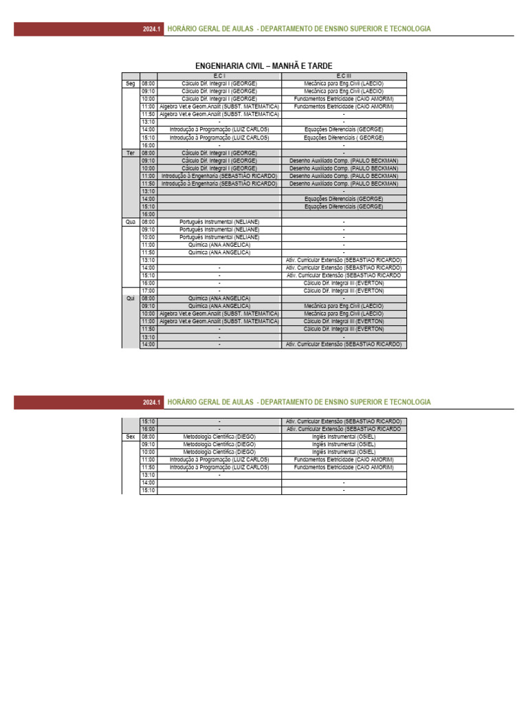 Horario geral de aulas 2024 1 oficial pdf inform tica f sica