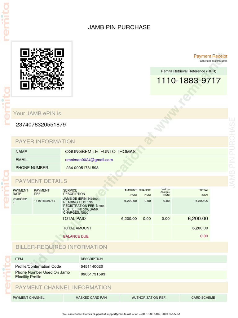 JAMB ePIN Purchase Payment Receipt | PDF | Payments | Banking Technology
