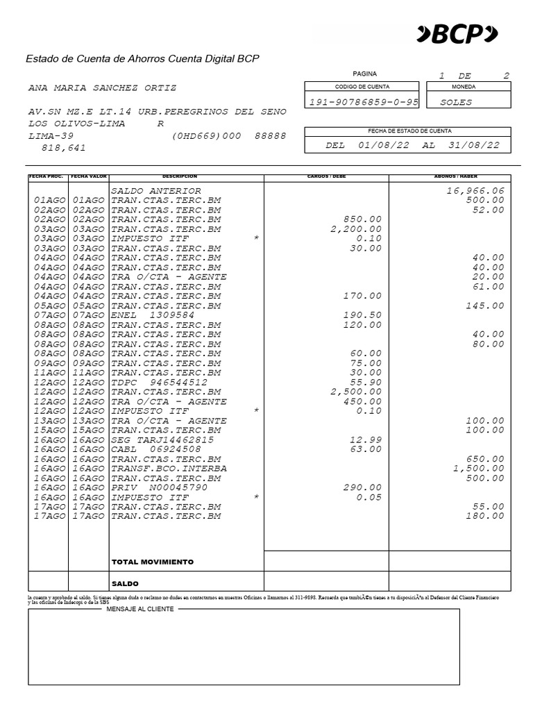 Estado de Cuenta Ahorros Digital BCP | PDF