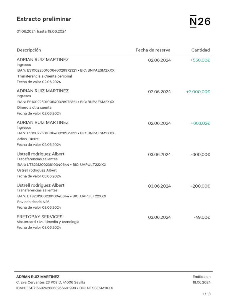 2024 N26 statement | Descargar gratis PDF | Dinero | Master Card