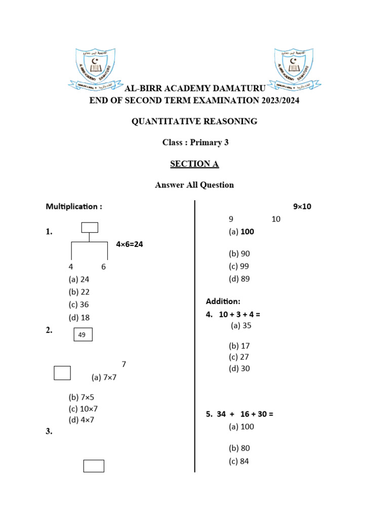 Primary 3 Quantitative Reasoning Exam | PDF