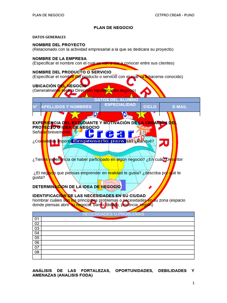 Formato de Plan de Negocio Crear | PDF | Plan de negocios | Presupuesto