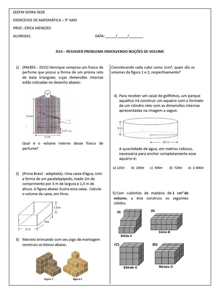 Exercícios Volume de Sólidos 9° Ano | PDF | Volume