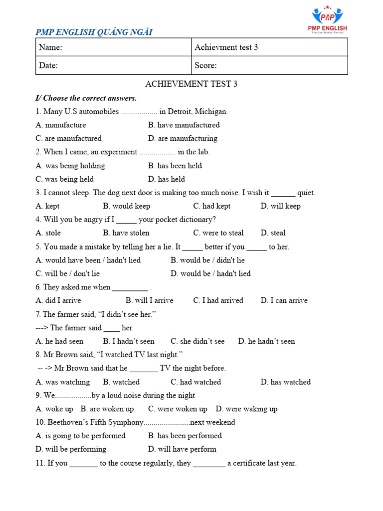 Achievement Test - Test 3 | PDF | English Language