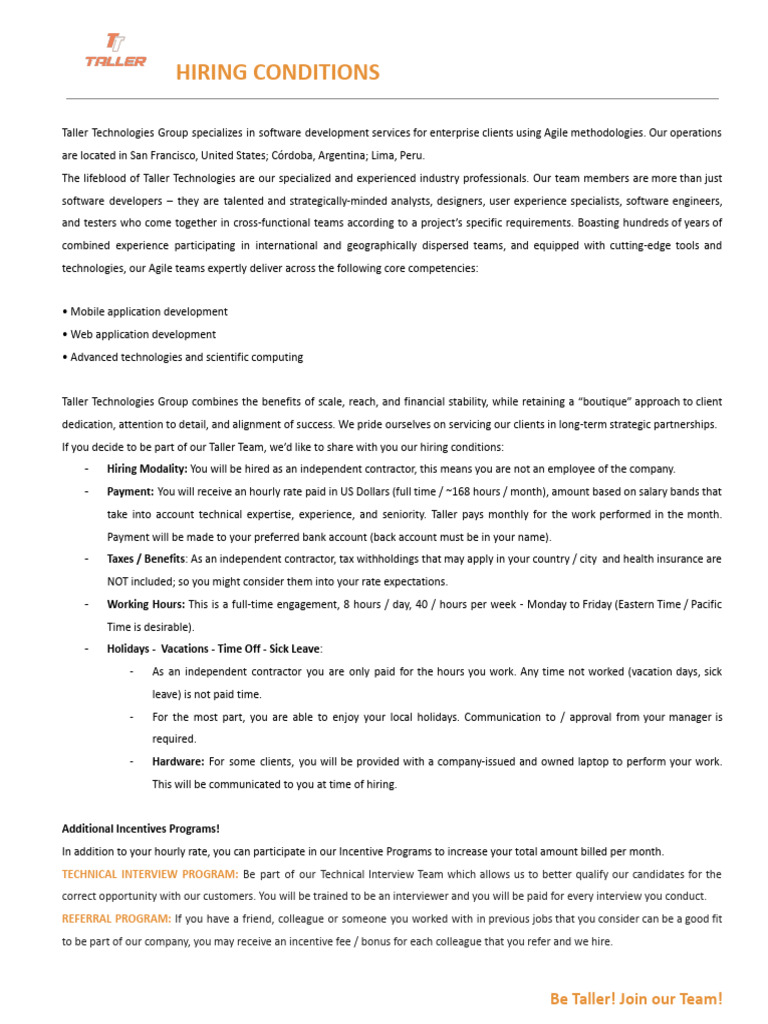 Taller Technologies Hiring Conditions Pdf Employment Agile