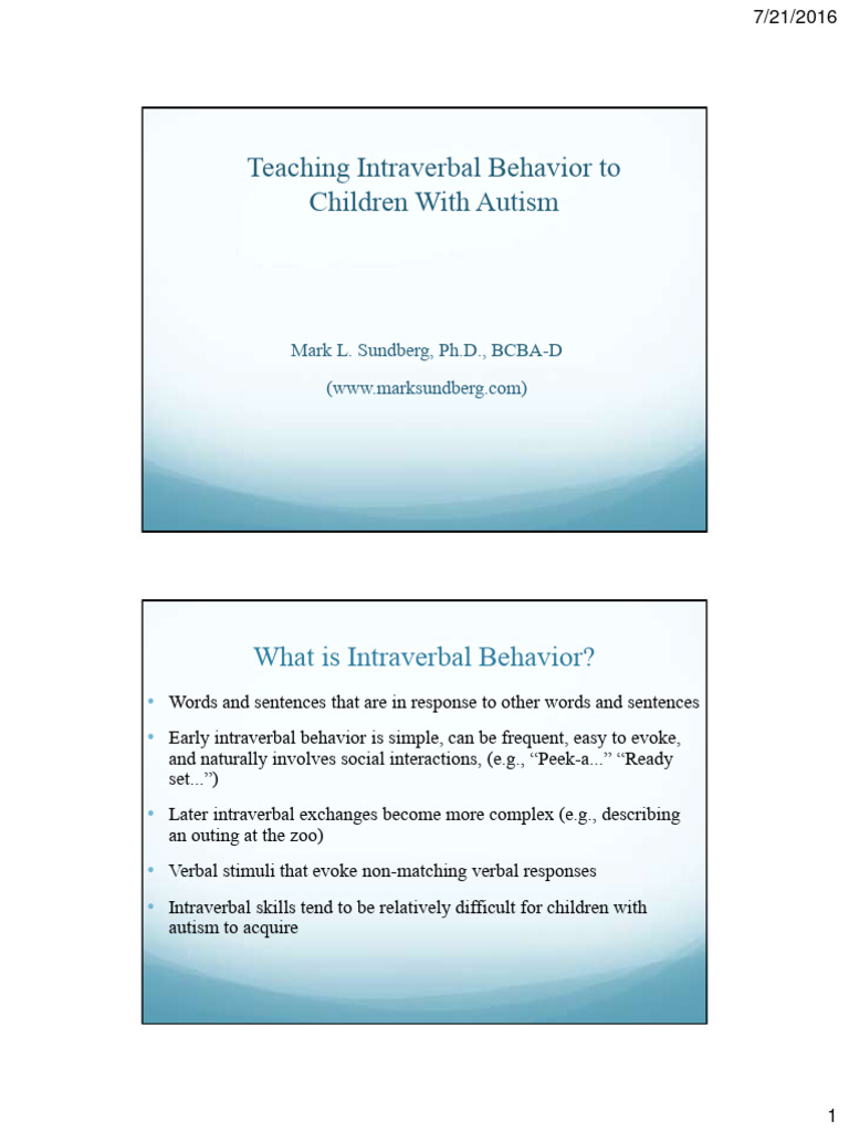 Teaching Intraverbal Skills in Autism | PDF | Behavioural Sciences ...