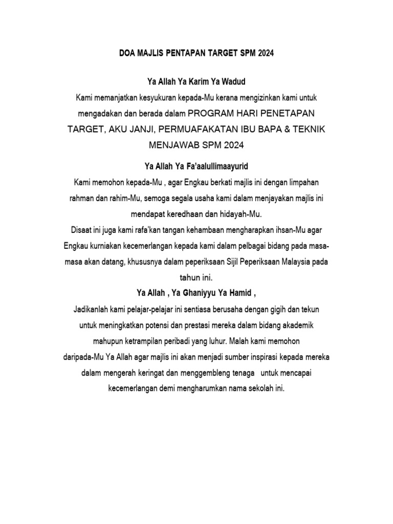 Doa Majlis Penetapan Target SPM 2024 | PDF | Bisnis | Pengembangan Diri