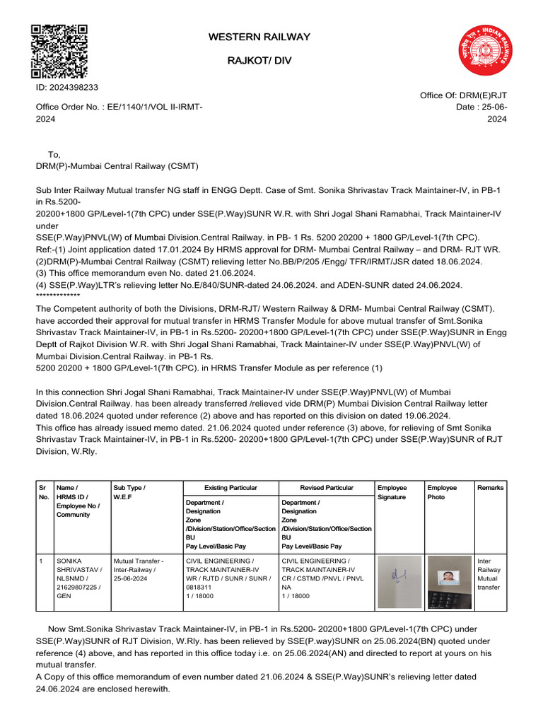 Inter-Railway Mutual Transfer Order | PDF | Rail Transport | Railway ...