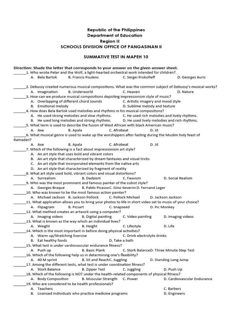 Test Paper Summative Test in Mapeh 10 | PDF | Physical Fitness | Health ...