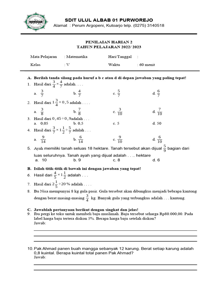 Soal KMSI Matematika Level 1 SDIT | PDF | Metode & Bahan Ajar