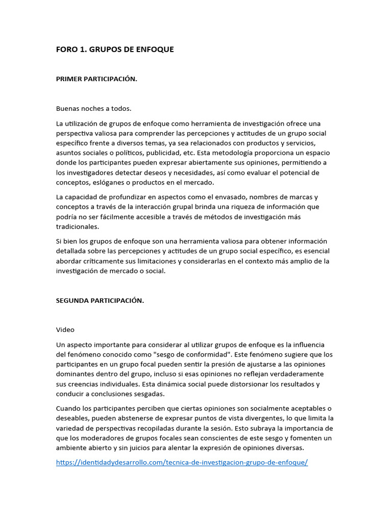 Foro 1. Grupos de Enfoque | PDF | Grupo de enfoque | Cognición