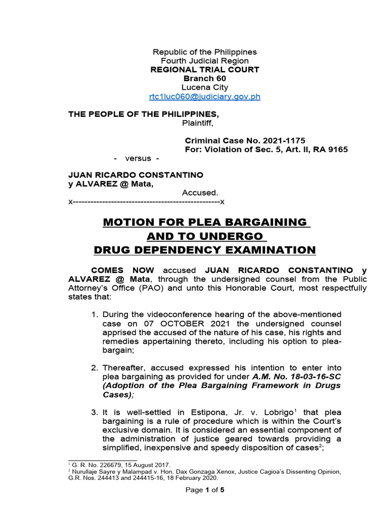 Motion for Plea Bargaining in Drug Case | PDF | Plea | Plea Bargain