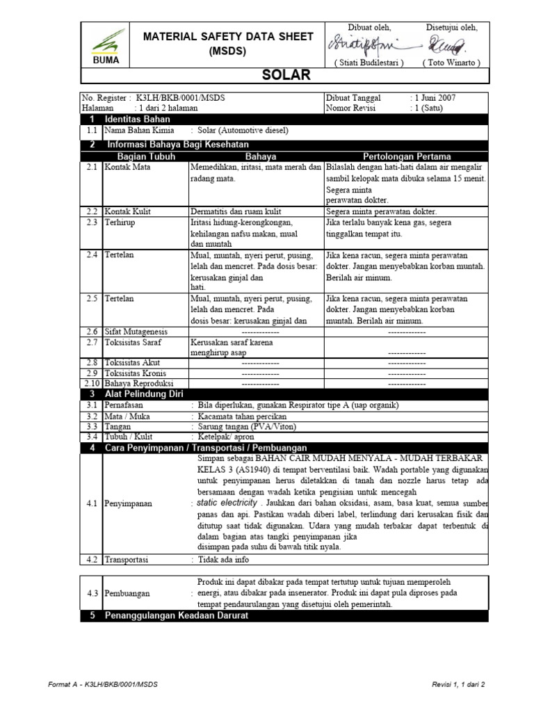 MSDS Solar: Bahaya dan Penanganan | PDF