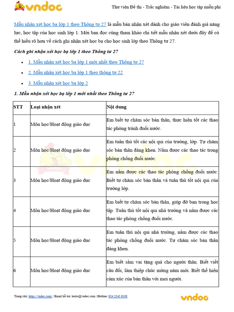 Cach ghi nhan xet hoc ba lop 1 theo thong tu 27 pdf