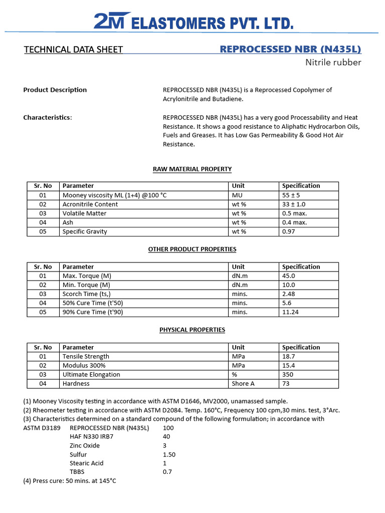Reprocessed NBR (N435L) Technical Data Sheet | PDF | Materials ...