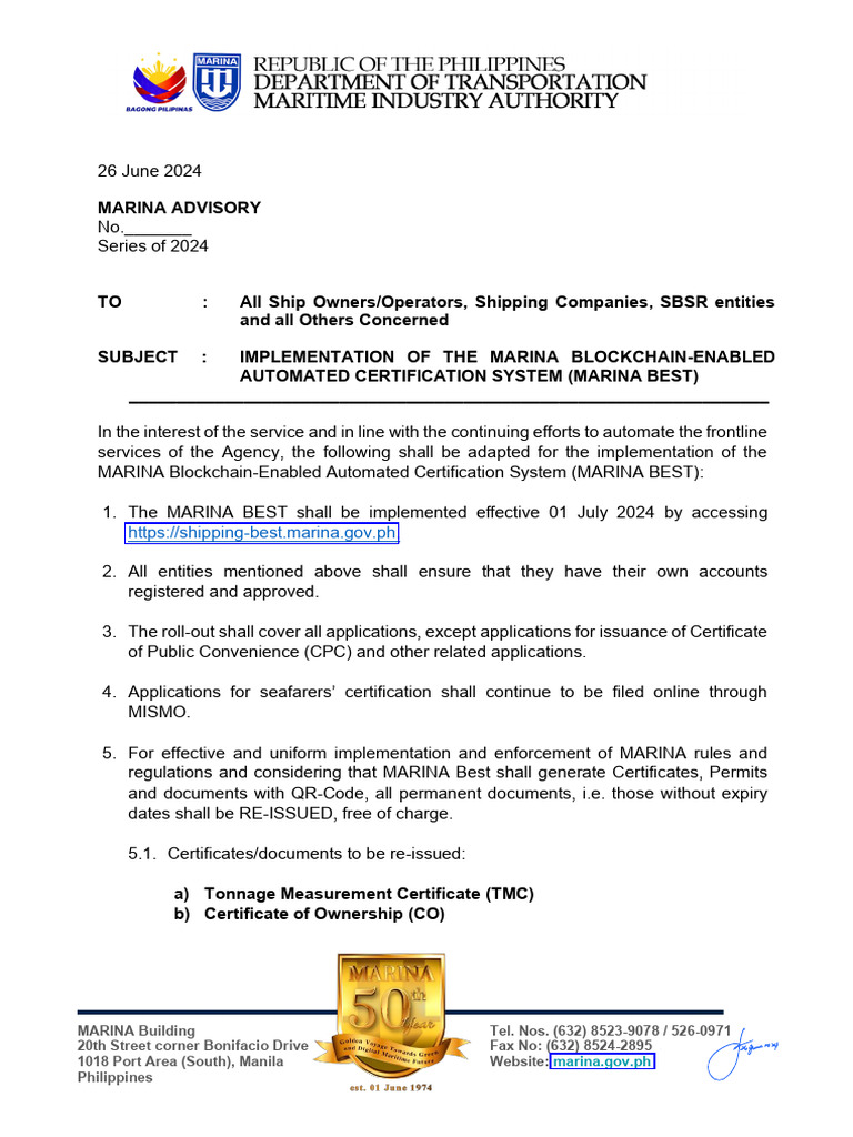 MARINA BEST Implementation Advisory | PDF | Qr Code