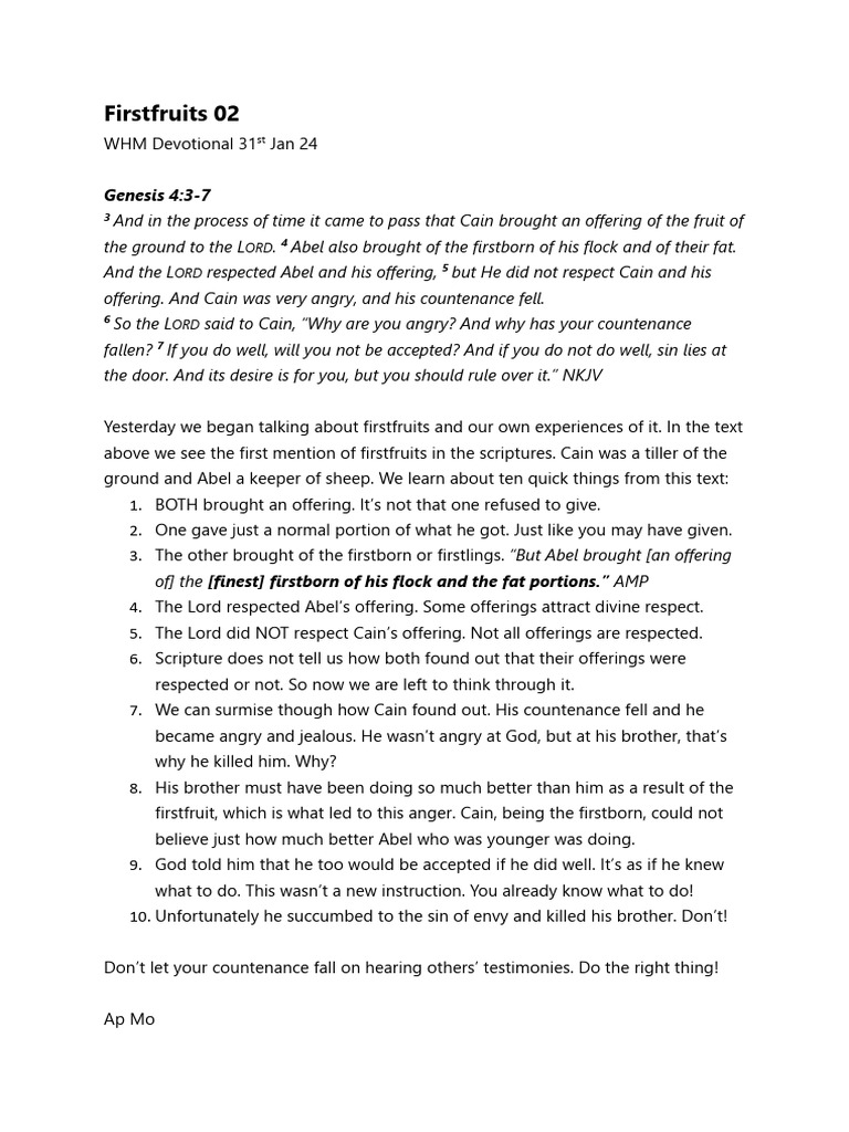 Cain and Abel: Lessons on Firstfruits | PDF