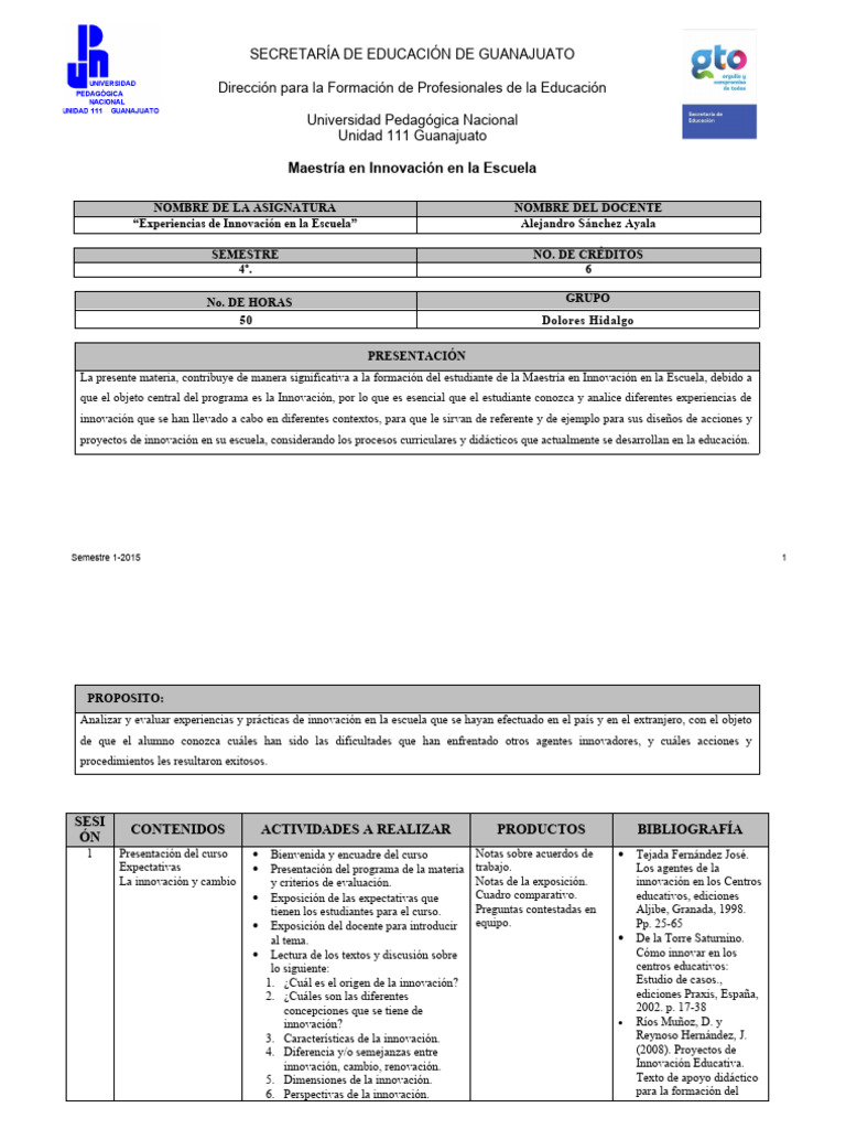 Plan de Experiencias de Innovación en La Escuela - Alex | PDF ...