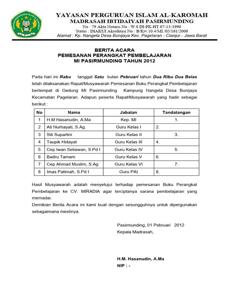 Berita Acara Pemesanan Buku MI Pasirmunding | PDF