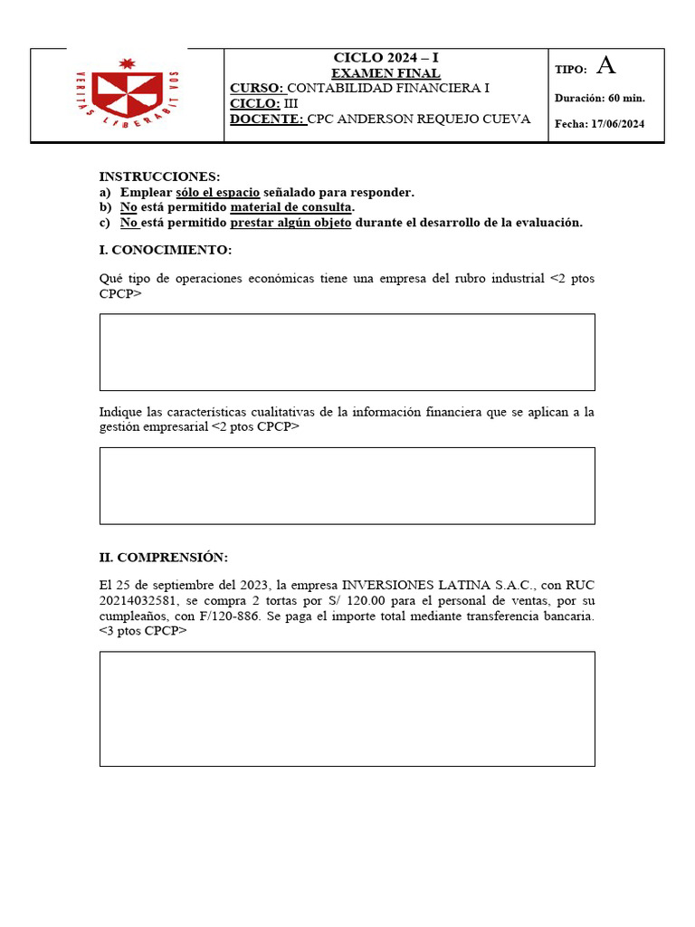 Examen Final Contabilidad Financiera I Pdf Contabilidad