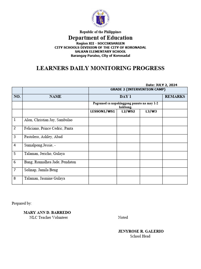 Learners Daily Monitoring Progress PDF