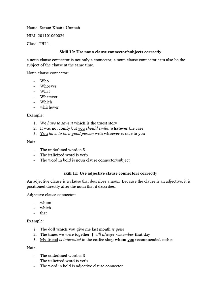 Noun and Adjective Clause Connectors | PDF | Language Arts & Discipline