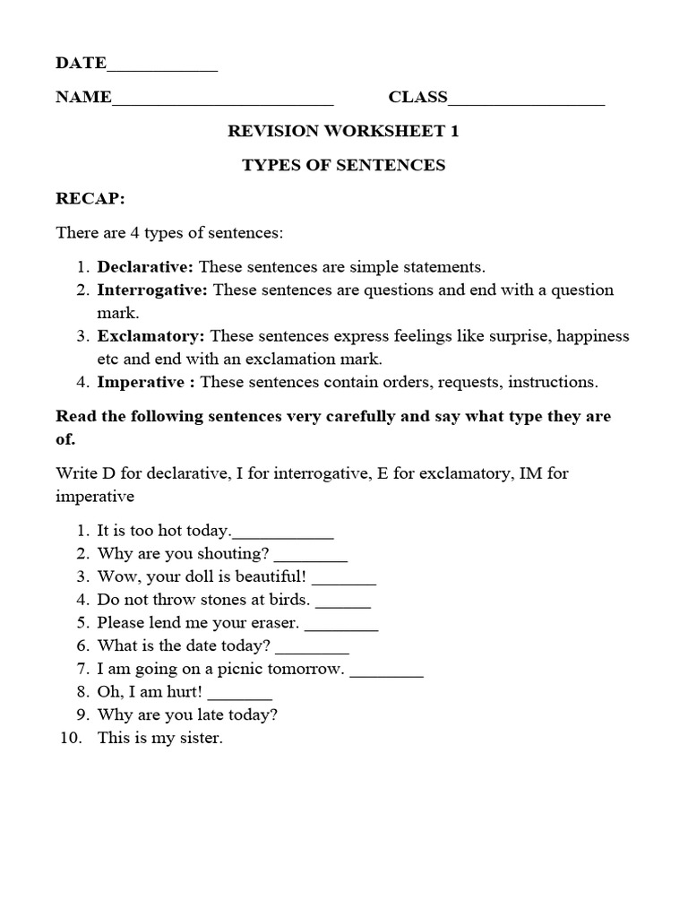 Types of Sentences Worksheet | PDF | Language Arts & Discipline