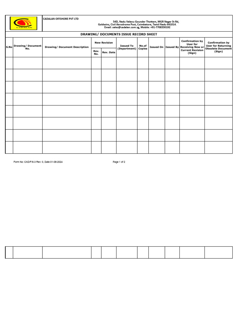 Form No - CAD-F-6-3 - Drawing-Documents Issue Record Sheet | PDF