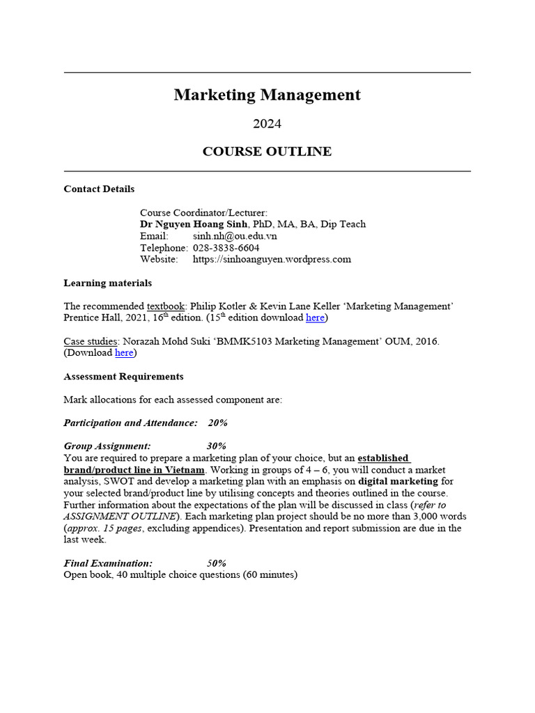 Marketing Management Course Outline 2024 | PDF | Marketing | Business ...