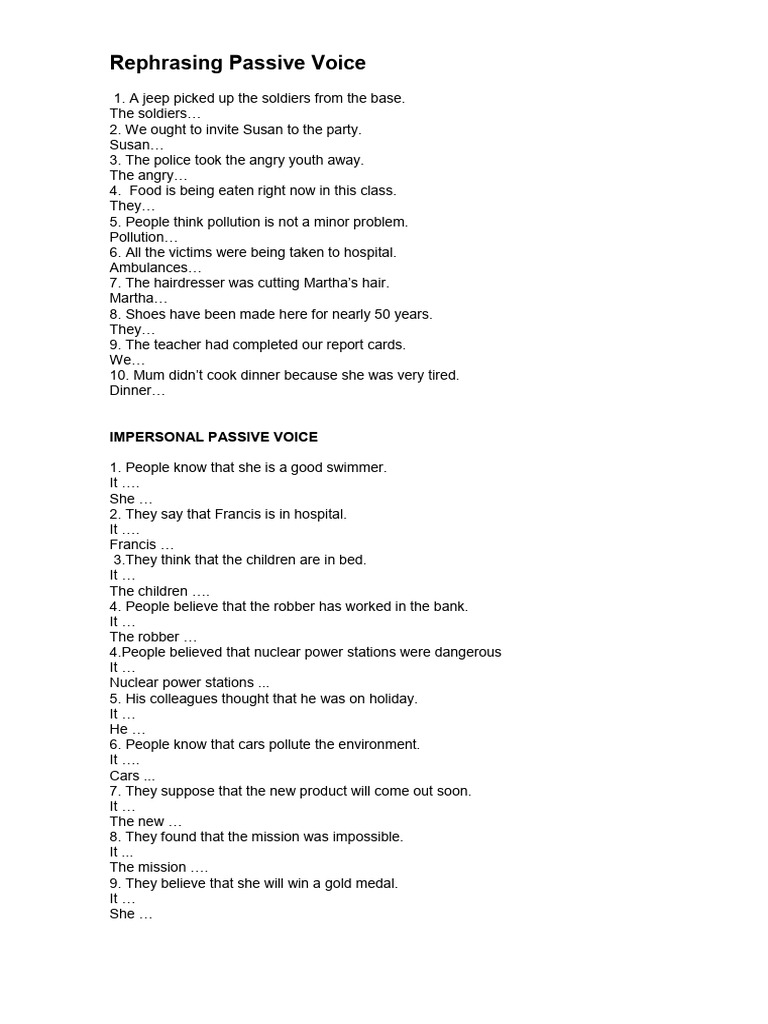 Rephrasing Passive Voice Exercises | PDF