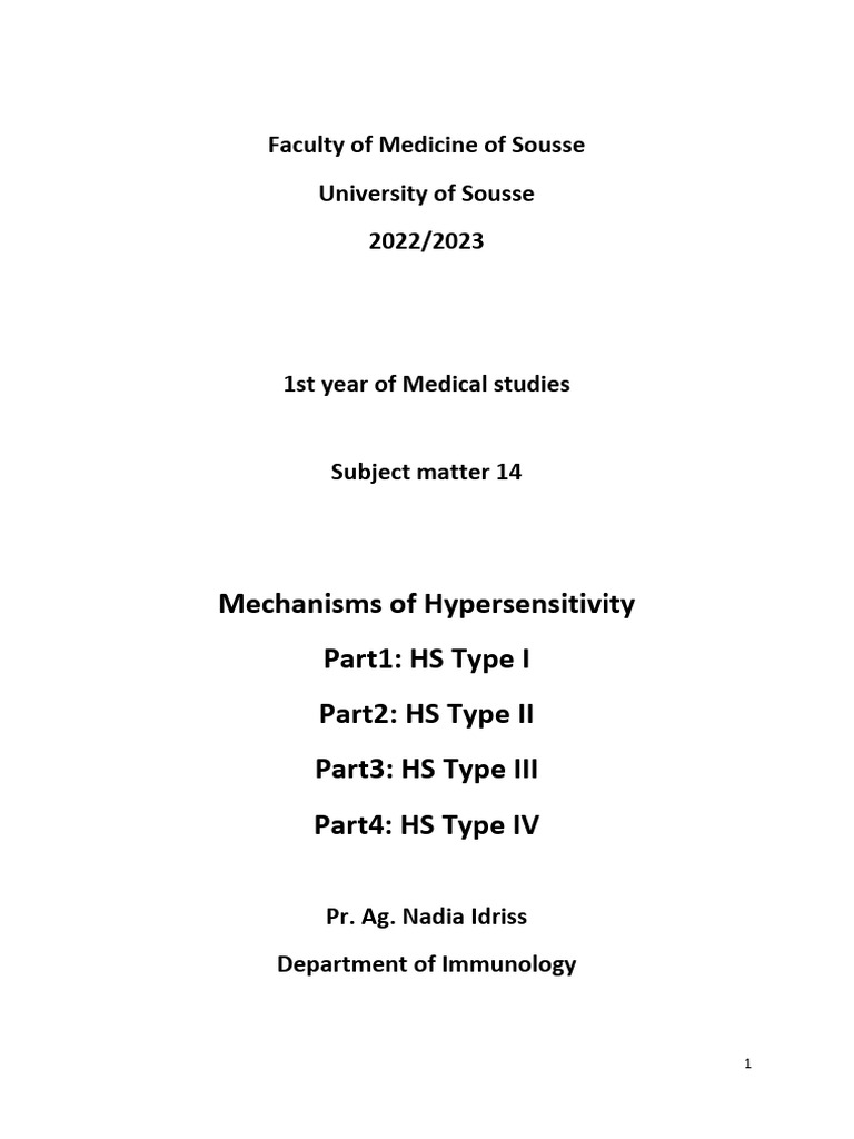 Mechanisms Of Hypersensitivity I Ii Iii And Iv Pdf Immune System