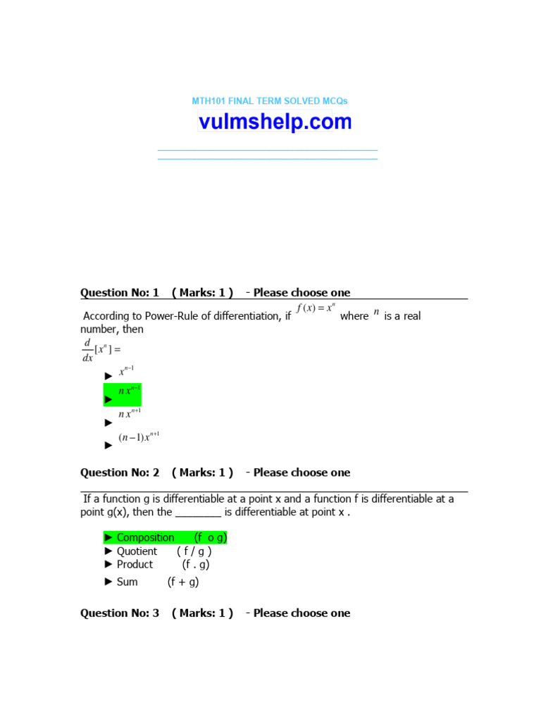 MTH101 FINAL TERM SOLVED MCQs by Artist H25 | PDF