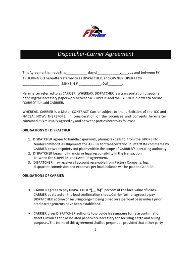 Dispatcher-Carrier Agreement Template | PDF | Cargo | Common Carrier